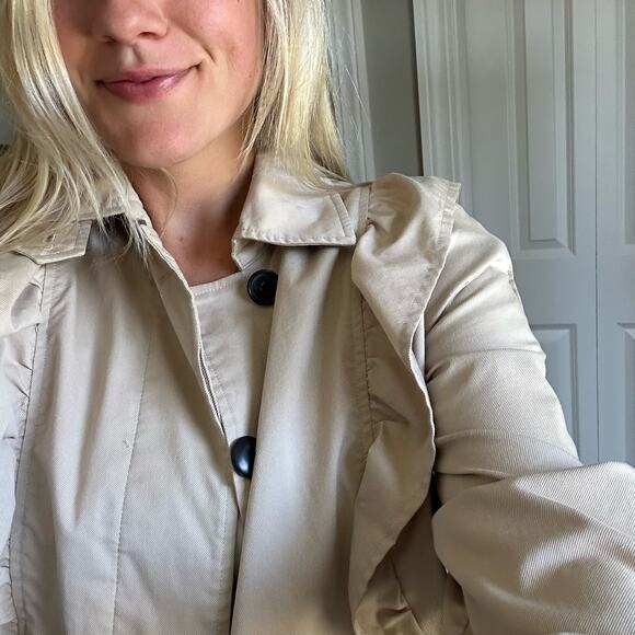 Joie x Revolve Gila Ruffle Trim Long Sleeve Trench Coat in Tan XS - Picture 10 of 12